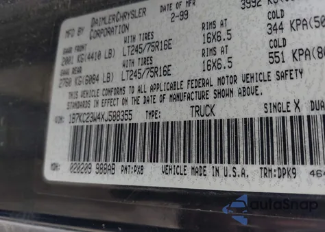 1999 Dodge Ram 2500 St z USA, uszkodzony, nr VIN 1B7KC23W4XJ588355